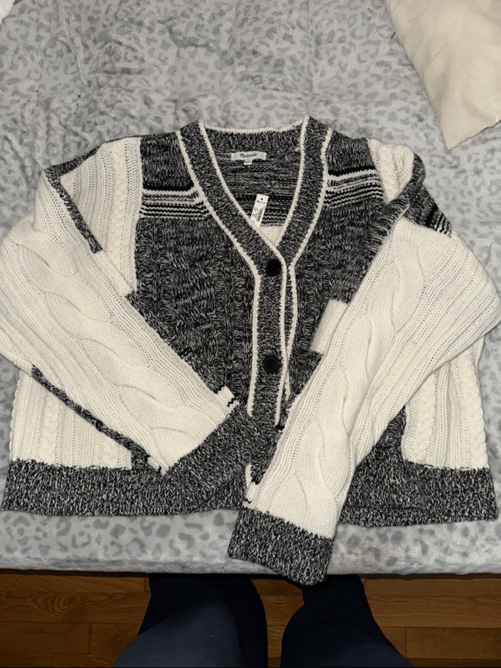 Madewell Two-Tone Black & White Cable Knit Cardigan